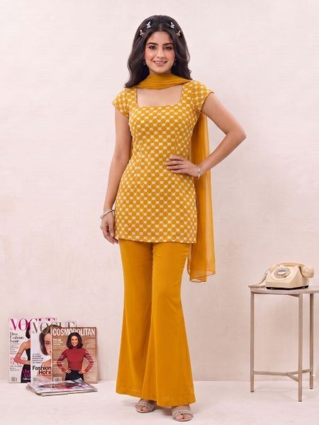 Women s Yellow Soft Georgette Bell Palazzo Dress Set with Embroidered Top Kurtis