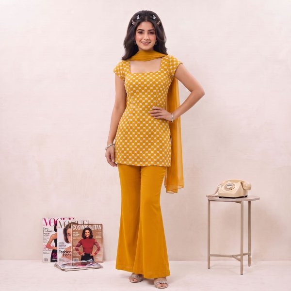 Women s Yellow Soft Georgette Bell Palazzo Dress Set with Embroidered Top Full Set Kurti
