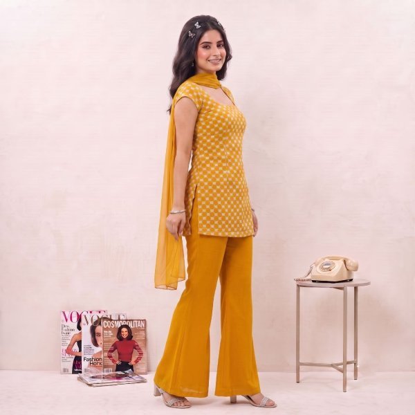 Women s Yellow Soft Georgette Bell Palazzo Dress Set with Embroidered Top Full Set Kurti