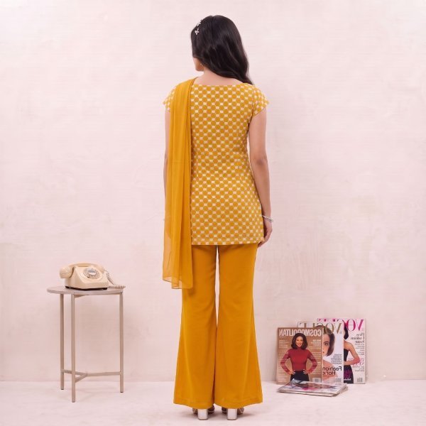 Women s Yellow Soft Georgette Bell Palazzo Dress Set with Embroidered Top Full Set Kurti