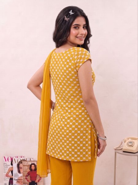 Women s Yellow Soft Georgette Bell Palazzo Dress Set with Embroidered Top Full Set Kurti