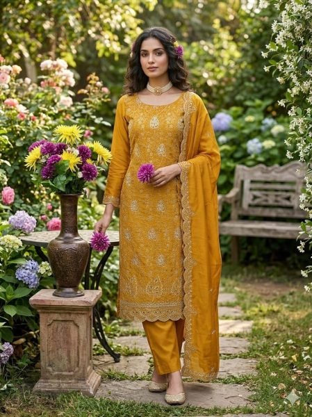 Women's Yellow Vichitra Silk Dress Material with Matching Embroidered Dupatta Color Set Matching Dress Material Wholesale