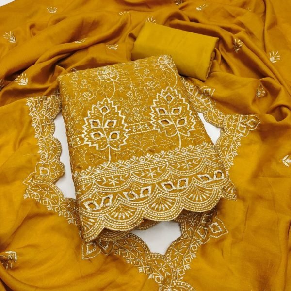 Women's Yellow Vichitra Silk Dress Material with Matching Embroidered Dupatta Color Set Matching Dress Material Wholesale