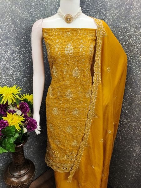 Women's Yellow Vichitra Silk Dress Material with Matching Embroidered Dupatta Color Set Matching Dress Material Wholesale