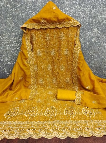 Women's Yellow Vichitra Silk Dress Material with Matching Embroidered Dupatta Color Set Matching Dress Material Wholesale