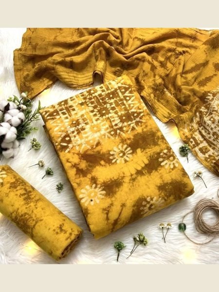 Women's Yellow Wax Batik Print Dress Material with 2.25 Meter Fabric Cut FOr Daily Wear 