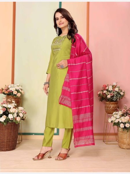 Women Silk Kurti Pant With Chanderi Dupatta  3 Piece Kurti Set