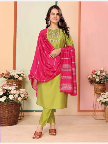 Women Silk Kurti Pant With Chanderi Dupatta  3 Piece Kurti Set