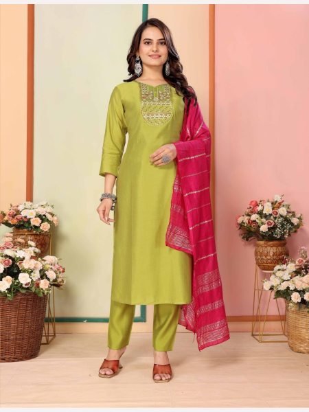 Women Silk Kurti Pant With Chanderi Dupatta  3 Piece Kurti Set