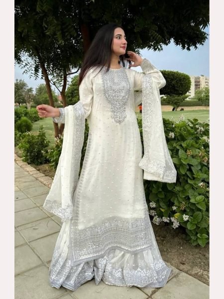 Women White  Designer Foux Georgette  Embroidery and Sequence  work Sharara set Ready To Wear Collection