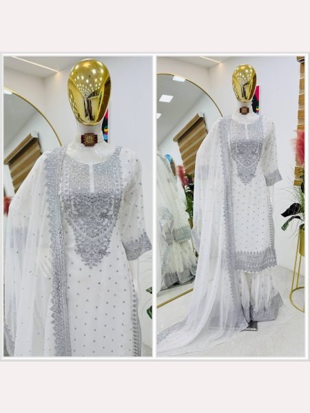 Women White  Designer Foux Georgette  Embroidery and Sequence  work Sharara set Ready To Wear Collection