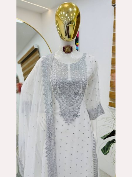 Women White  Designer Foux Georgette  Embroidery and Sequence  work Sharara set Ready To Wear Collection