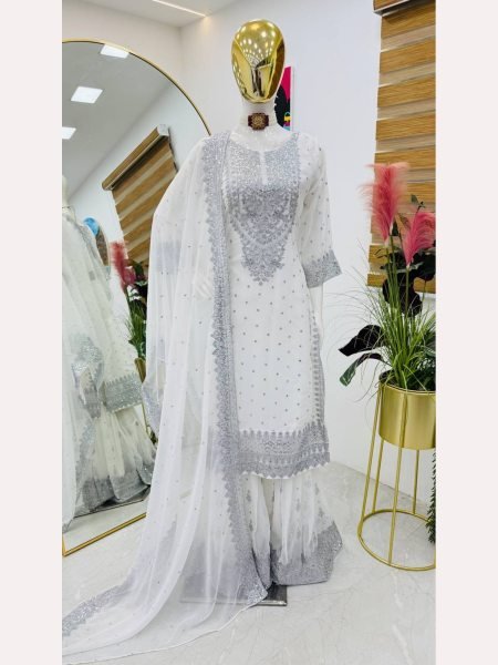 Women White  Designer Foux Georgette  Embroidery and Sequence  work Sharara set Ready To Wear Collection