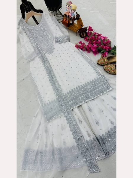 Women White  Designer Foux Georgette  Embroidery and Sequence  work Sharara set Ready To Wear Collection