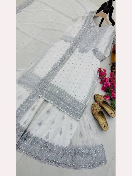 Women White  Designer Foux Georgette  Embroidery and Sequence  work Sharara set Ready To Wear Collection