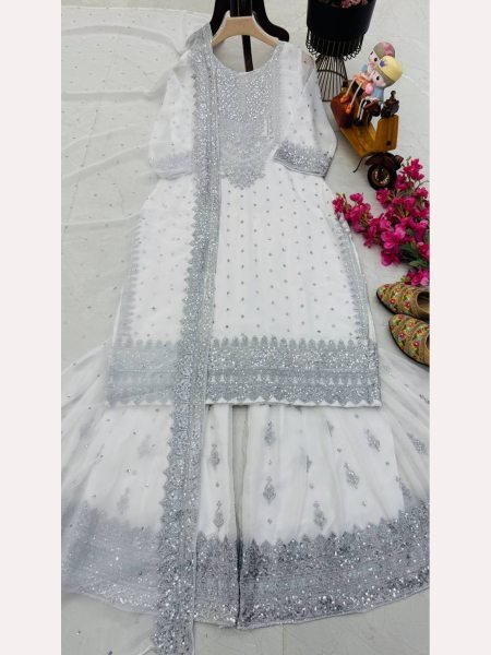 Women White  Designer Foux Georgette  Embroidery and Sequence  work Sharara set Ready To Wear Collection