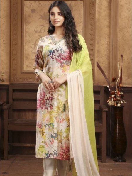 Women White Jacquard Straight Kurta Set with Contrast Dupatta Kurtis