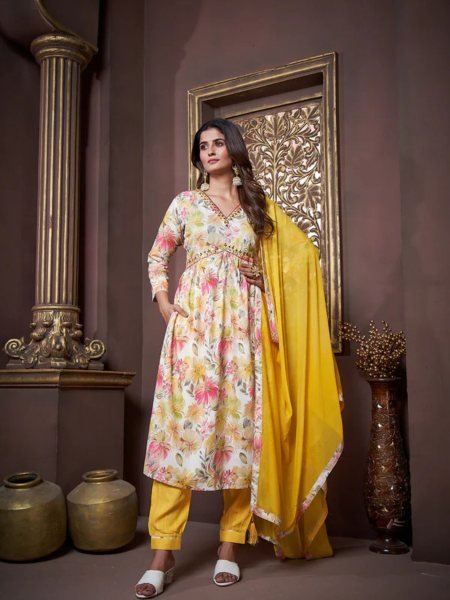 Women Yellow Floral Printed Rayon Kurta Pant Set with Heavy Dupatta Kurtis