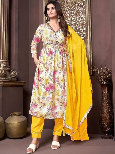 Women Yellow Floral Printed Rayon Kurta Pant Set with Heavy Dupatta  Straight Cut Long Kurtis