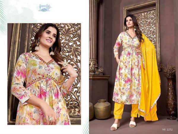 Women Yellow Floral Printed Rayon Kurta Pant Set with Heavy Dupatta  Straight Cut Long Kurtis