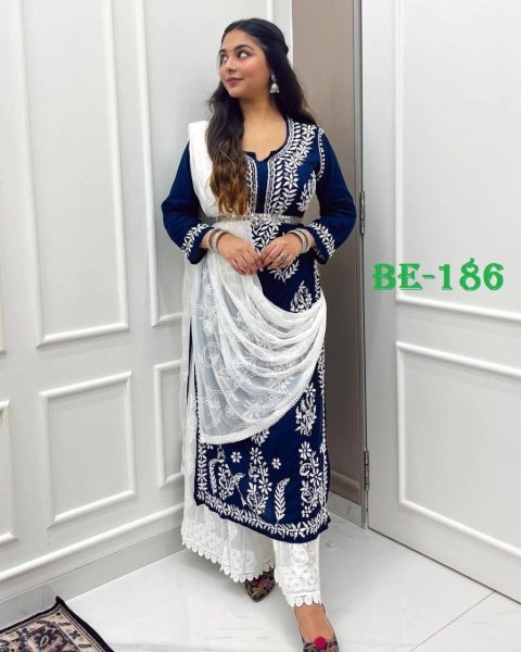 Womens Navy Blue Embroidered Kurti Plazzo  