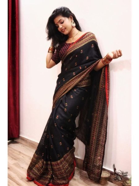 Womens Black Jute Silk Saree with Exquisite Embroidery And Mirror Work Silk Sarees Wholesale