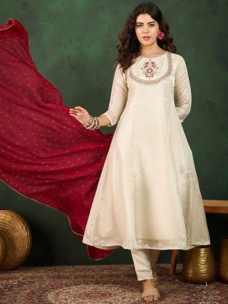 Womens Cream Embroidered Vichitra Silk Kurta Set for Festive Wear 3 Piece Kurti Set