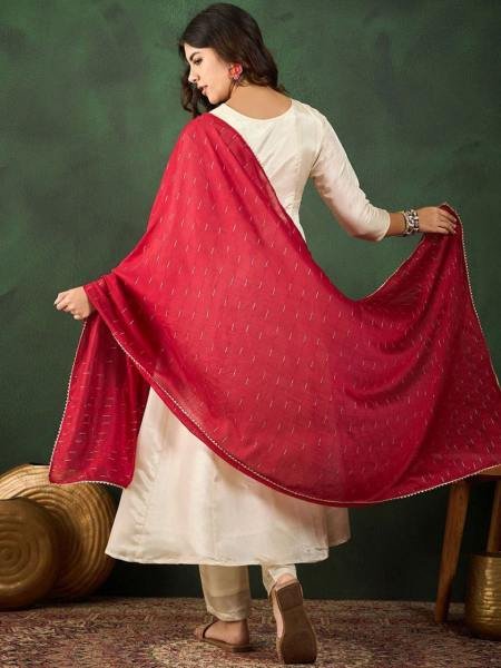 Womens Cream Embroidered Vichitra Silk Kurta Set for Festive Wear 3 Piece Kurti Set