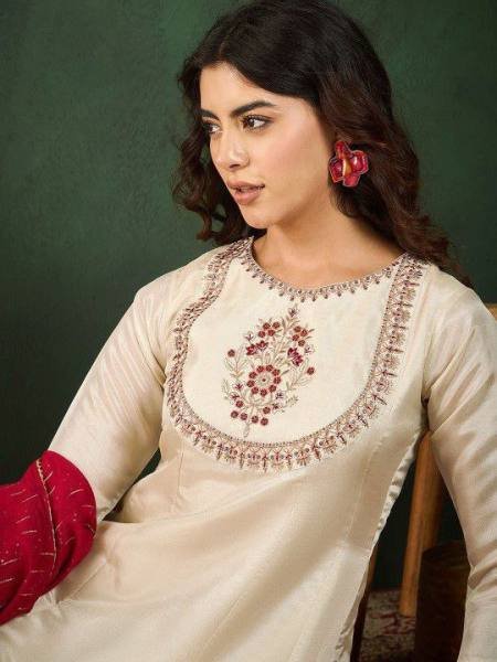 Womens Cream Embroidered Vichitra Silk Kurta Set for Festive Wear 3 Piece Kurti Set