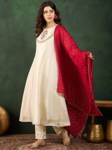 Womens Cream Embroidered Vichitra Silk Kurta Set for Festive Wear 3 Piece Kurti Set