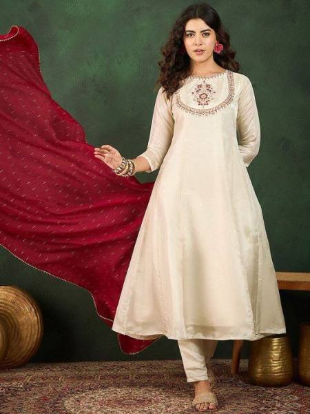 Womens Cream Embroidered Vichitra Silk Kurta Set for Festive Wear 3 Piece Kurti Set