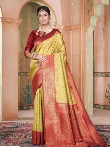 Womens Luxe Kanjivaram Silk Saree with Contrast Border & Lustrous Drape Banarasi Saree Wholesale