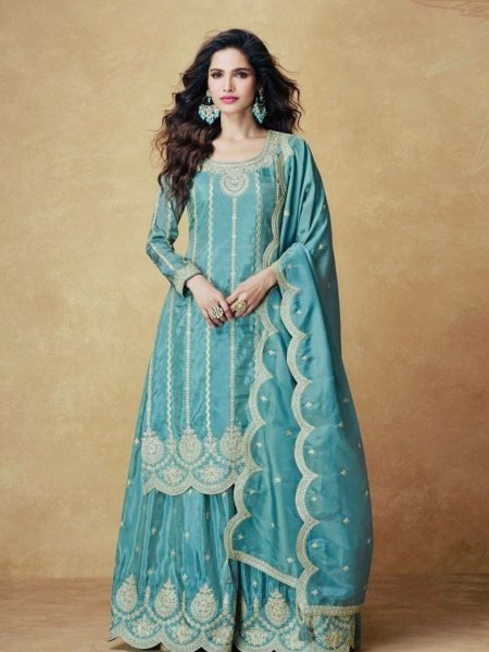Womens Party Wear Chinon Silk Kurti Suit Sequin Embroidery Work Ready to Wear 3 Piece Set For Best Price Ready To Wear Suit