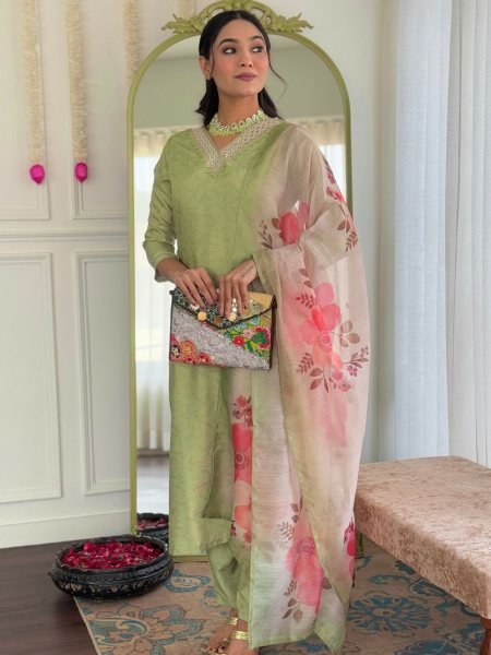 Womens Pista Green Ethnic Motif Kurta with Patiala amd Dupatta Ready to Wear Diwali Collection