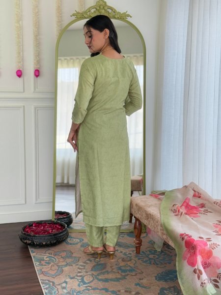 Womens Pista Green Ethnic Motif Kurta with Patiala amd Dupatta Ready to Wear 3 Piece Kurti Set