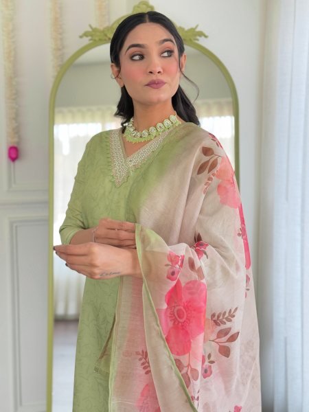 Womens Pista Green Ethnic Motif Kurta with Patiala amd Dupatta Ready to Wear 3 Piece Kurti Set