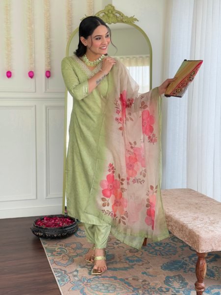 Womens Pista Green Ethnic Motif Kurta with Patiala amd Dupatta Ready to Wear 3 Piece Kurti Set