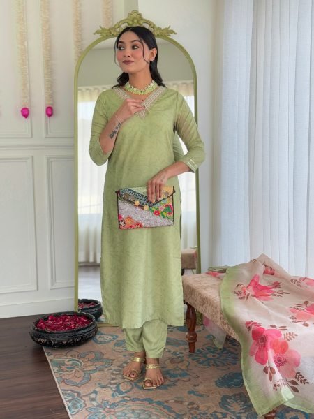 Womens Pista Green Ethnic Motif Kurta with Patiala amd Dupatta Ready to Wear 3 Piece Kurti Set