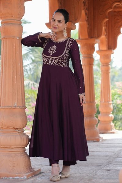 Womens Purple Embellished Anarkali Gown Designer Vichitra Silk Kurti Set with Dupatta Readymade Anarkali Kurtis 