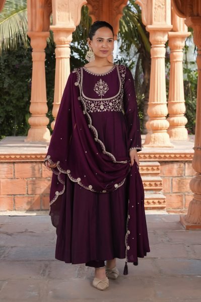 Womens Purple Embellished Anarkali Gown Designer Vichitra Silk Kurti Set with Dupatta Readymade Anarkali Kurtis 