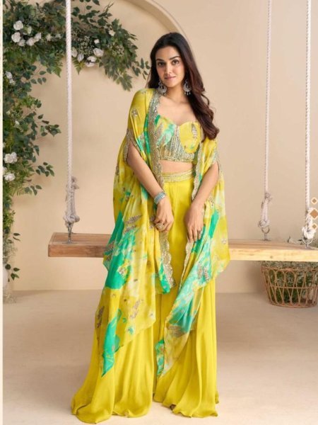 Wonaya Sayuri Chinon Indo Western Pair with Digital Floral Cape Designer Outfit  Salwar Kameez
