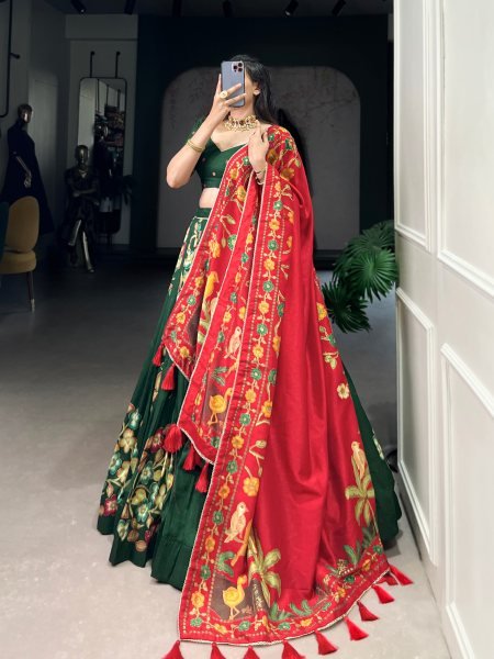 Wonderful Green Color Tushar Silk Printed Foil Work Lehenga Choli Set For Navratri Collection Navratri Lehnega Choli