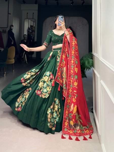 Wonderful Green Color Tushar Silk Printed Foil Work Lehenga Choli Set For Navratri Collection Navratri Lehnega Choli