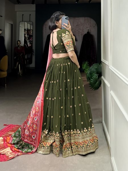 Wonderful Olive Green Embroidered Georgette Mehendi Wear Lehenga Choli Designer Lehenga Choli
