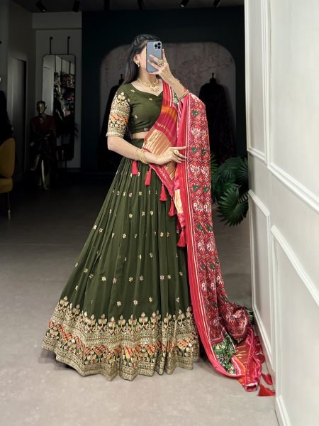 Wonderful Olive Green Embroidered Georgette Mehendi Wear Lehenga Choli Designer Lehenga Choli