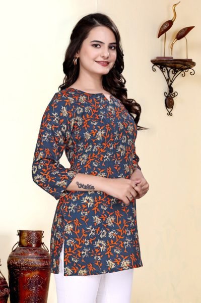 Workday Chic in Navy Printed Cotton Blend Top for Smart Daily Style Tunics kurti