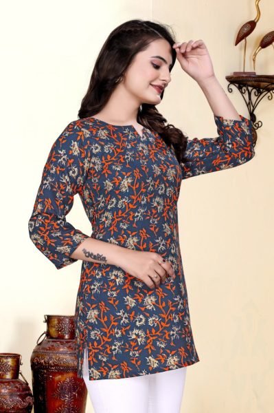 Workday Chic in Navy Printed Cotton Blend Top for Smart Daily Style Tunics kurti
