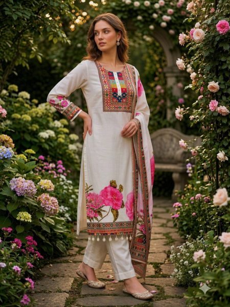 Workday Style Muslin Cotton digital Combined with real mirror print Kurti Set And Lace Border Dupatta Ready To Wear Suit