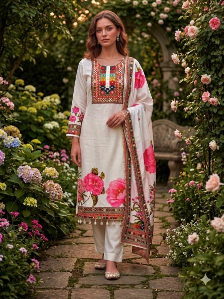 Workday Style Muslin Cotton digital Combined with real mirror print Kurti Set And Lace Border Dupatta Ready To Wear Collection