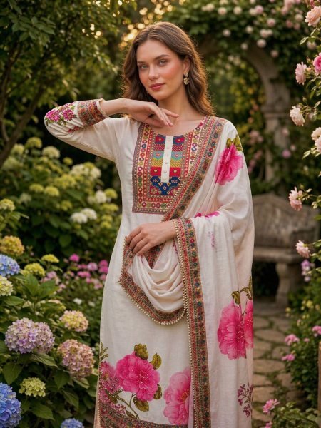 Workday Style Muslin Cotton digital Combined with real mirror print Kurti Set And Lace Border Dupatta Ready To Wear Collection